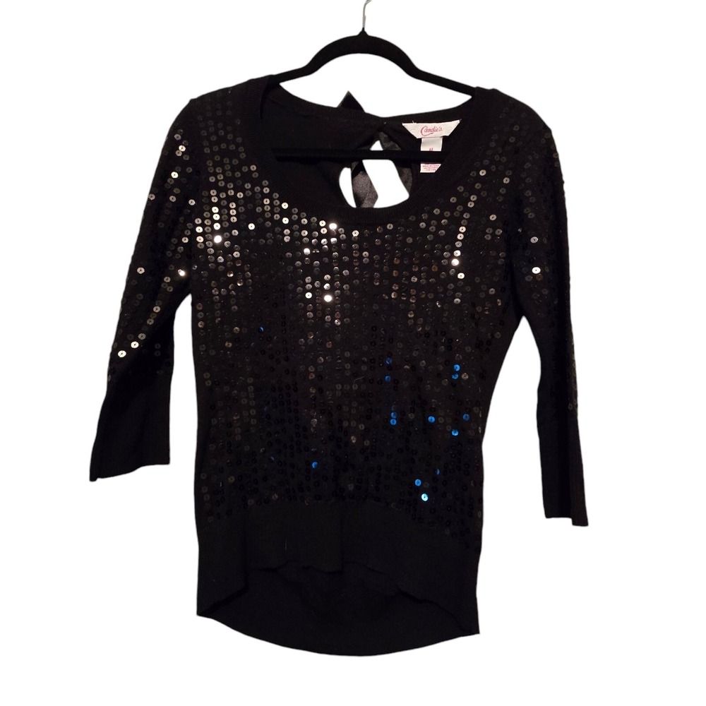 Candies Black Sequin Sweater MED Peekaboo Back Bow Dark Fairy WhimseyGoth Witchy